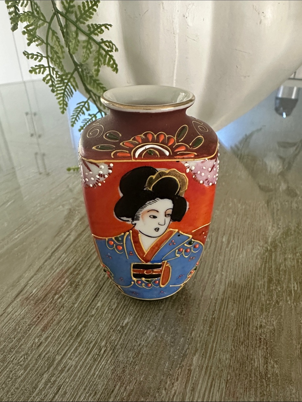 Vintage Hand-Painted Geisha Ceramic Vase - Red, Orange & Blue